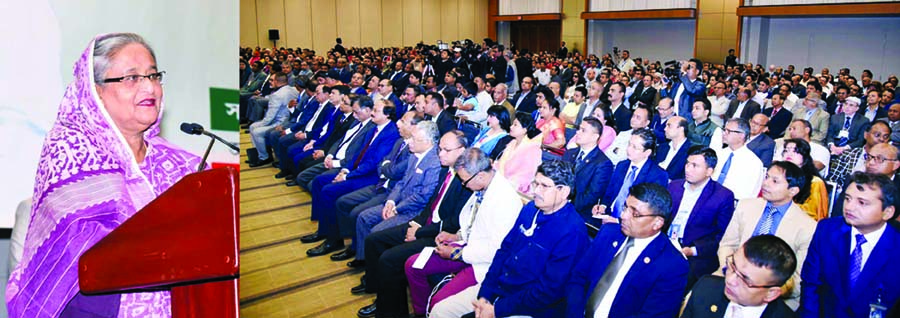 Prime Minister Sheikh Hasina addressing a reception accorded to her by Canada Awami League at Metro Toronto Convention Center in Toronto on Sunday when she visited Canada to attend Outreach Session of G7 Summit. PID photo