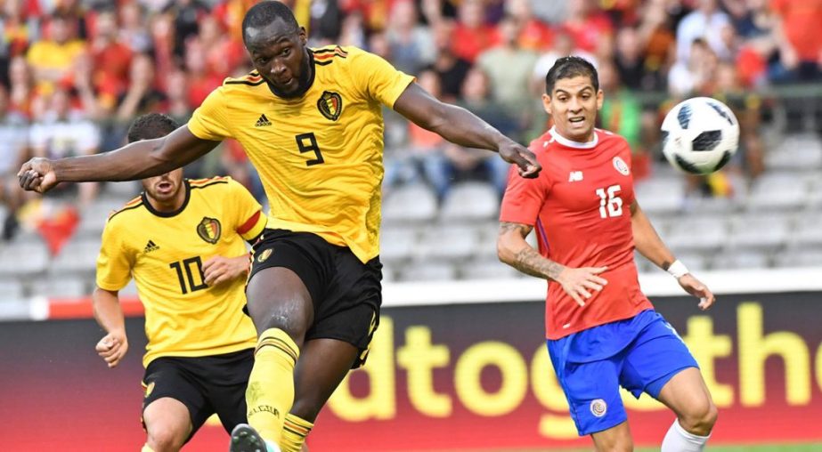 Belgium's Romelu Lukaku, center, takes a shot on goal during a friendly soccer match between Belgium and Costa Rica at the King Baudouin stadium in Brussels on Monday.