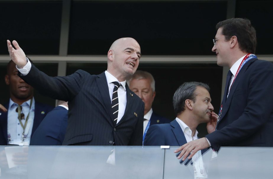 FIFA President Gianni Infantino gestures from the stands before the group F match between Sweden and South Korea at the 2018 soccer World Cup in the Nizhny Novgorod stadium in Nizhny Novgorod, Russia on Monday. Sweden won the match 1-0.