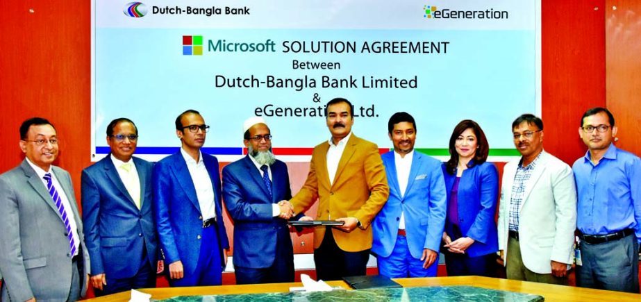 Monowar Hossain Khan, Chief Business Development Officer of eGeneration Group and Emdadul Haque, Head of IT of Dutch Bangla Bank Limited sign an agreement for Microsoft licensing solution at the bank's head office recently.