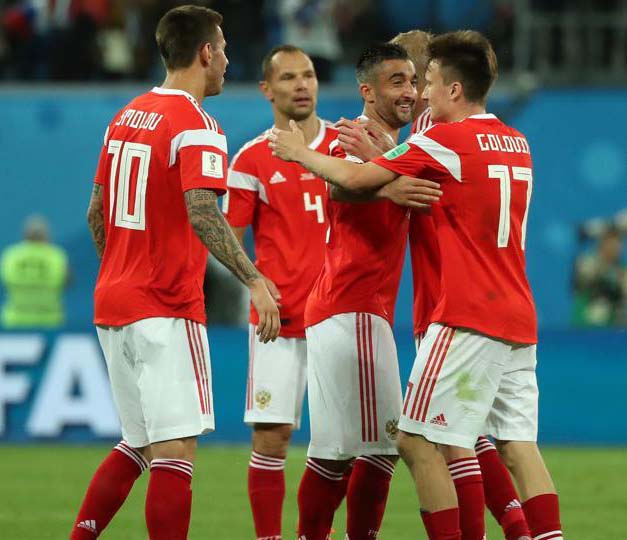 Russia players celebrate after the FIFA World Cup 2018 Group A match vs Egypt at the Saint Petersburg Stadium, Saint Petersburg, Russia on Tuesday.