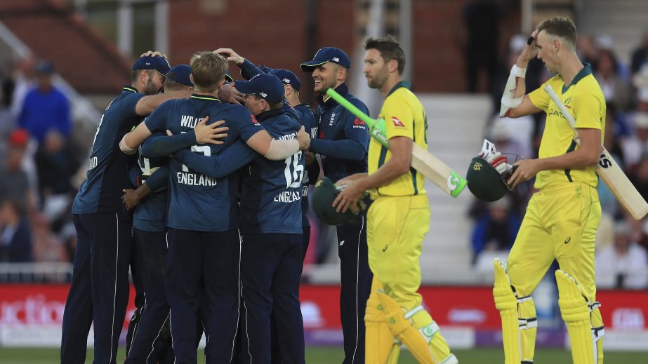 England players celebrate victory after the final wicket during the One Day International match at Trent Bridge, Nottingham on Tuesday.