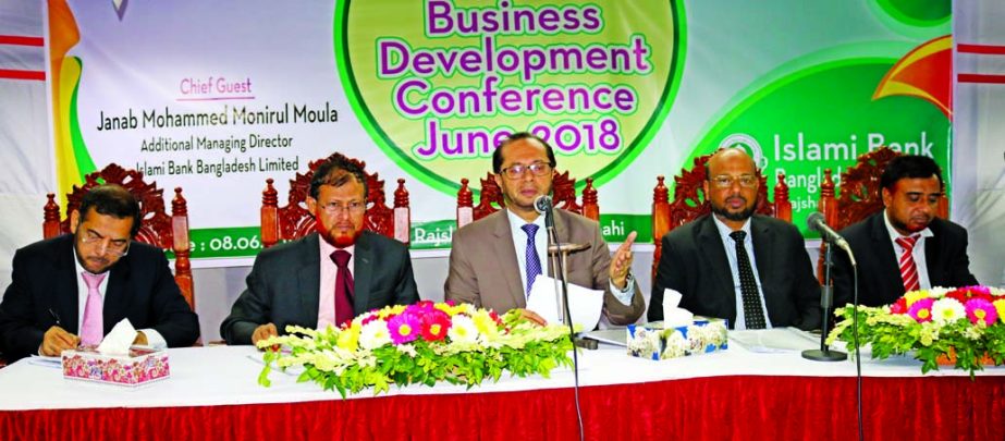 Mohammed Monirul Moula, AMD of Islami Bank Bangladesh Limited, addressing the Business Development Conference organized by Rajshahi Zone of the bank at a local auditorium recently. Abu Reza Md. Yeahia, DMD, Mohammad Qaisar Ali, SEVP, Md. Kawsar ul Alam, R