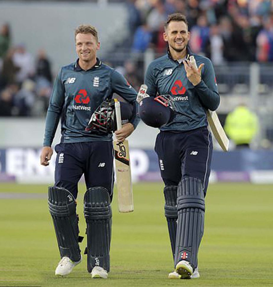 England's Jos Buttler and Alex Hales walk off after their victory against Australia, during their One Day International (ODI) cricket match at the Emirates Riverside in Chester-le-Street, England on Thursday.