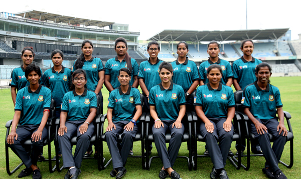Members of Bangladesh National Women's Cricket team pose for a photo session at the Sher-e-Bangla National Cricket Stadium in the city's Mirpur on Saturday.