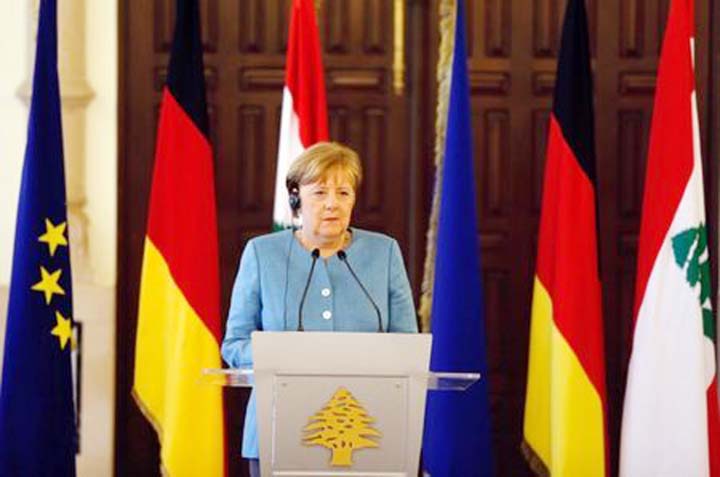 German Chancellor Angela Merkel is seen during a joint news conference at the government palace in Beirut on Friday.