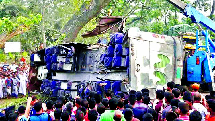 At least 16 people were killed and 30 others injured in a tragic road accident in Polashbari under Gaibandha district on Saturday.