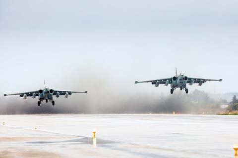 Russian Sukhoi Su-25 ground attack aircraft taking off from Hmeimim base in Syria AP file photo