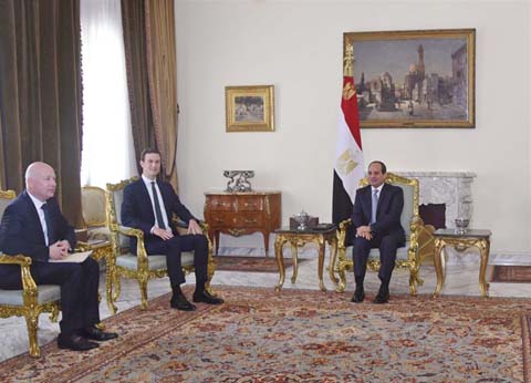 Egyptian President Abdel-Fattah el-Sissi, center, meets with President Donald Trump's son-in-law and senior adviser Jared Kushner, second left, and Mideast envoy Jason Greenblatt on the latest stop in a regional tour to discuss a blueprint for an Israeli