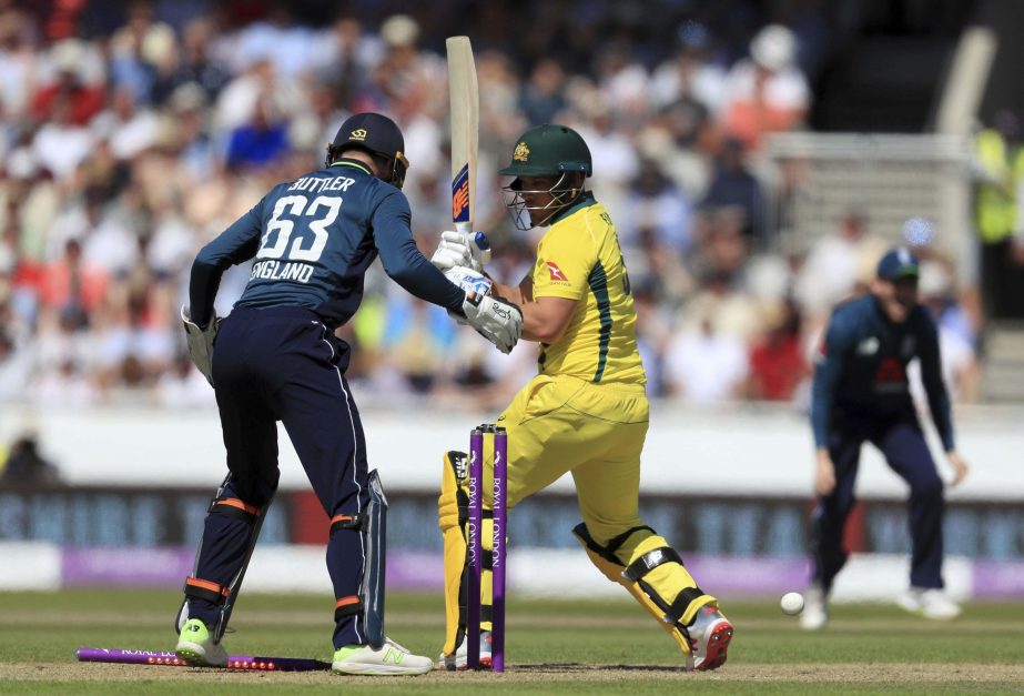 Australia's Aaron Finch is bowled by England's Moeen Ali during the One Day International match between England and Australia at Emirates Old Trafford in Manchester, England on Sunday.