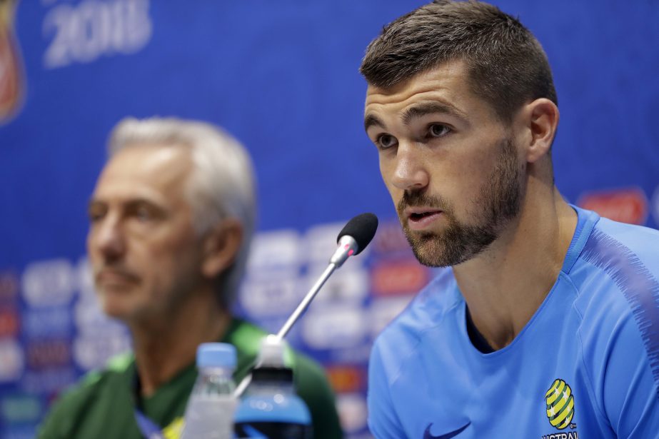 Australia goalkeeper Mathew Ryan speaks during the official press conference