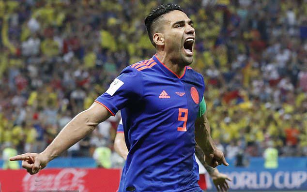 Colombia's Radamel Falcao celebrates after scoring the second side goal during the group H match between Poland and Colombia at the 2018 soccer World Cup at the Kazan Arena in Kazan, Russia on Sunday.