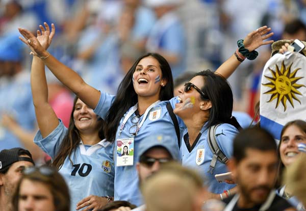 Uruguay fans react ahead of their group A match between Uruguay and Russia at the 2018 soccer World Cup at the Samara Arena in Samara, Russia on Monday.