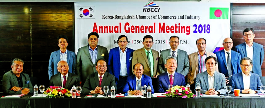 The Annual General Meeting of Korea-Bangladesh Chamber of Commerce and Industry was held at a hotel in the city on Monday. Hu Kang-il, Korean Ambassador (3rd from right) Mostofa Kamal, President (4th from right), Directors and other officials of the Cham