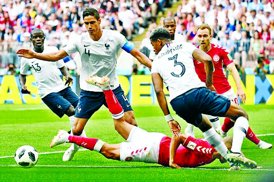 Denmark's forward Martin Braithwaite goes to ground inside the France area during the World Cup Group C match between France and Denmark in Moscow on Tuesday.