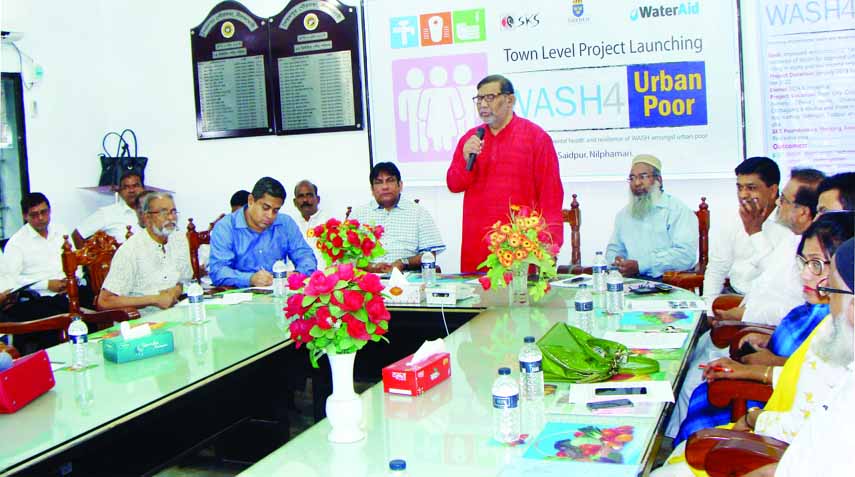 SAIDPUR (Nilphamari): Md Amzad Hossain Sarker, Mayor, Saidpur Municipality speaking at the inaugural programme of Wash for Urban Poor project as Chief Guest on Tuesday.