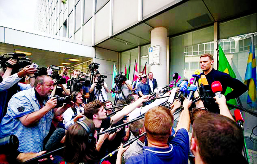 Captain and goalkeeper of Germany Manuel Neuer speaks to the press after their group stage elimination on Wednesday.