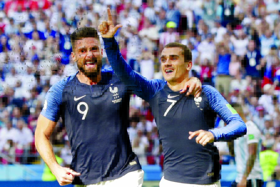 France's Antoine Griezmann (right) and Olivier Giroud (left) celebrate their thrilling 4-3 victory against Argentina in the World Cup match at the Kazan Arena, Russia on Saturday.