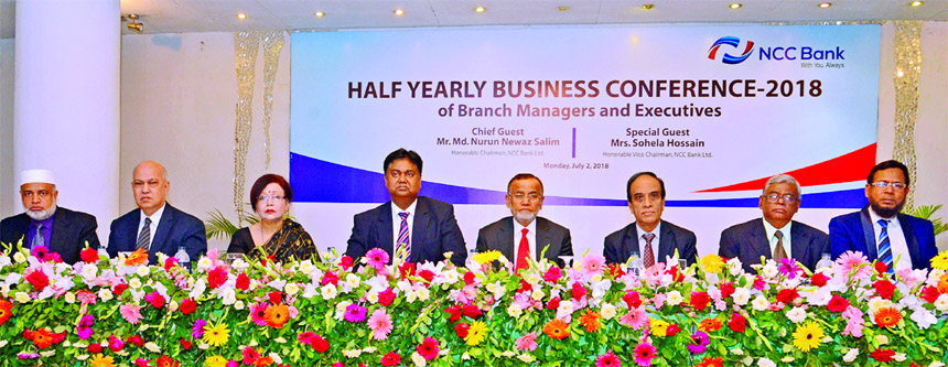 Md. Nurun Newaz Salim, Chairman of NCC Bank Limited, presiding over the 'Half Yearly Business Conference-2018' for its Executives and Branch Managers at the bank's head office in the city on Monday. Sohela Hossain, Vice-Chairman, Mosleh Uddin Ahmed, Ma