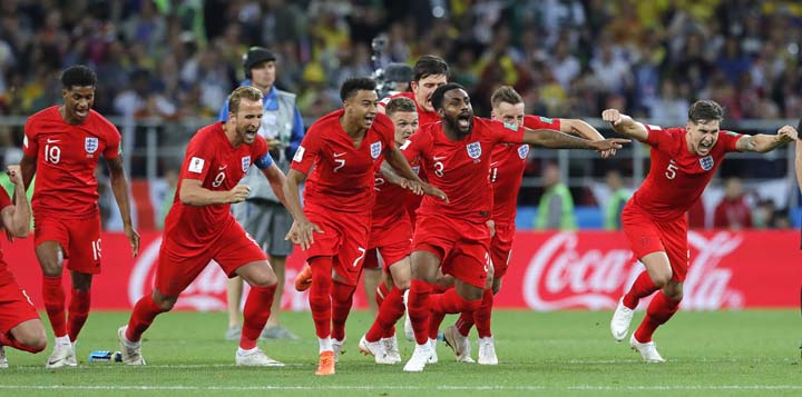 England's players celebrate after defeated Colombia in a penalty shoot out during the round of 16 match between Colombia and England at the 2018 soccer World Cup at the Spartak Stadium in Moscow on Tuesday.