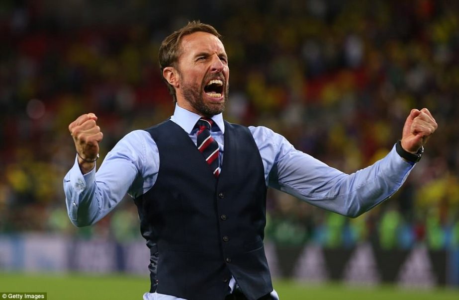 Gareth Southgate celebrates after England go through to the World Cup quarter finals on penalties at the match in Moscow on Tuesday.