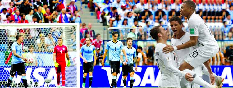 (Left picture)Rodrigo Bentancur of Uruguay looks dejected after his team concede during the 2018 FIFA World Cup Russia Quarter Final match against France at Nizhny Novgorod Stadium, Russia on Friday. (Right) France's Kylian Mbappe (right), Antoine Griezm