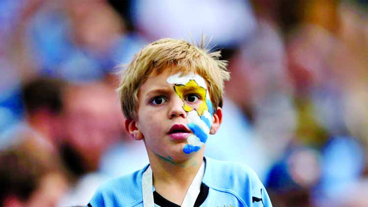 A Uruguay fan enjoys the pre match atmosphere prior to the 2018 FIFA World Cup Russia Quarter Final match between Uruguay and France at Nizhny Novgorod Stadium on Friday.
