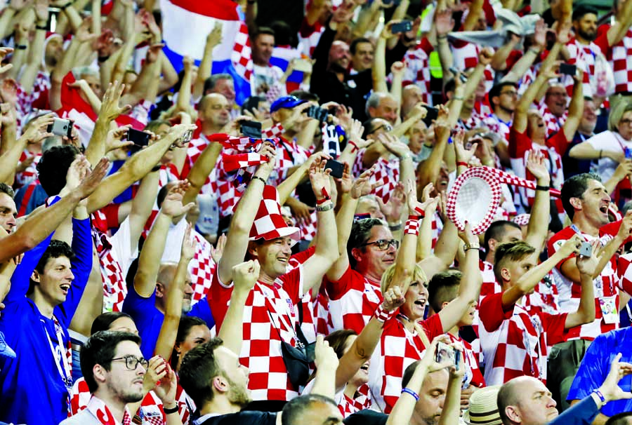 Croatia fans celebrate after winning the quarterfinal match between Russia and Croatia at the 2018 soccer World Cup in the Fisht Stadium, in Sochi, Russia on Saturday.