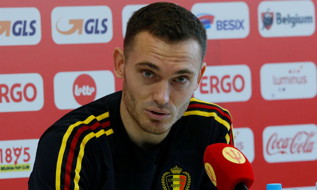 Belgium's Thomas Vermaelen addressing a press conference at Dedovsk in Russia on Monday.