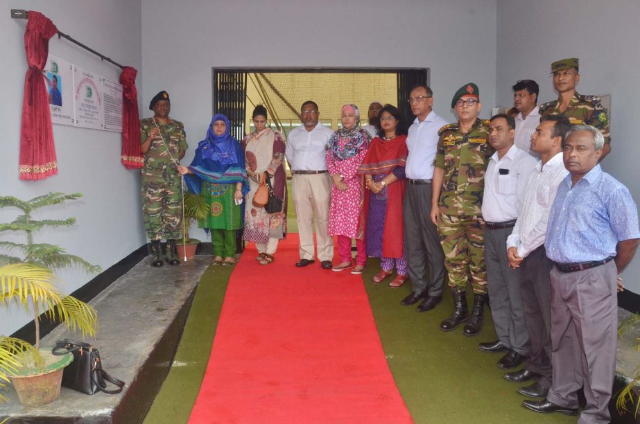 The curtain of Shaheed Lieutenant Colonel Md Abul Kalam Azad Indoor Stadium raised at the BKSP in Savar on Tuesday. Director General of BKSP Brigadier General Md Shamsur Rahman, Suraiya Sultana, wife of Md Abul Kalam Azad and other BKSP officials were pre