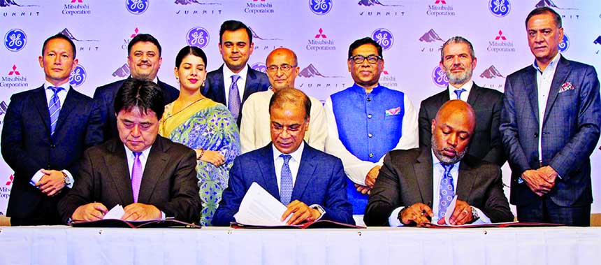 Summit, Mitsubishi and General Electric Company sign a joint venture MoU in Singapore recently. Under the deal, $3 billion (about BDT 24 Thousand Crore) foreign direct investment will come in Bangladesh for power sector. From left (Mitsubishi Corporation