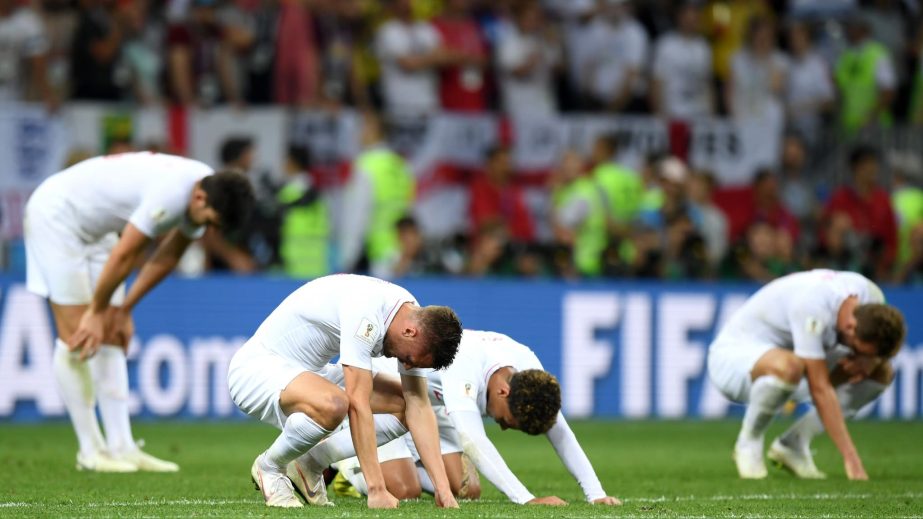 Jamie Vardy and Dele Alli of England look dejected following their sides defeat in the 2018 FIFA World Cup Russia semi-final match between Croatia and England at the Luzhniki Stadium in Moscow, Russia on Wednesday night.
