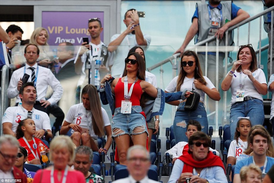 Rebekah Vardy watches the action as England line up for their last game of the 2018 World Cup in Russia.