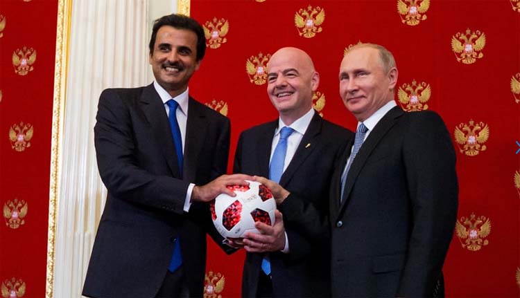 Amir of Qatar Sheikh Tamim bin Hamad Al Thani, FIFA President Gianni Infantino and President of Russia Valdimir Putin participate in a handover ceremony ahead of the 2018 FIFA World Cup Russia Final between France and Croatia at Kremlin in Moscow, Russia