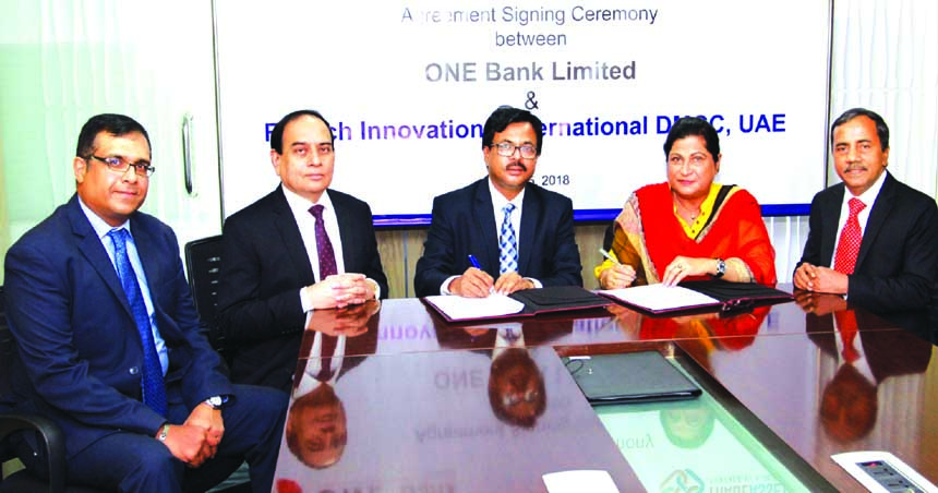 Md. Belayet Hossain, SVP and Head of International Division of One Bank Limited and Azizunnessa Huq, Executive Director of Fintech Innovations International DMCC, UAE, sign an agreement regarding use of web-based TRADEASSETS platform recently. Managing Di