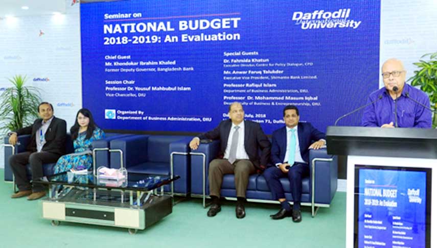 Khondokar Ibrahim Khaled, Former Deputy Governor of Bangladesh Bank addressing as the chief guest at the Seminar on 'National Budget 2018-2019 : An Evaluation' organized by the Department of Business Administration of Daffodil International University o