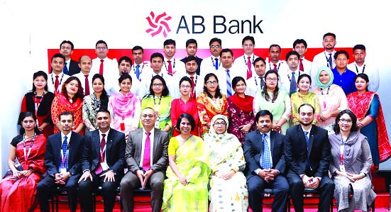 The DMD and Head of HRMD of AB Bank Shamshia I. Mutasim, along with other senior officials and participants, is seen posing at a Banking Foundation training Course inauguration organized by AB Bank Training Academy for its Front Desk Officers.