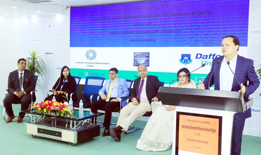 Dr Md. Sabur Khan, Chairman, Board of Trustees, Daffodil International University addressing a 5-day long 'International Summer School of Human Rights' jointly organized by Institute of Hazrat Mohammad (SAW), Knowledge Steez, India and Daffodil Internat