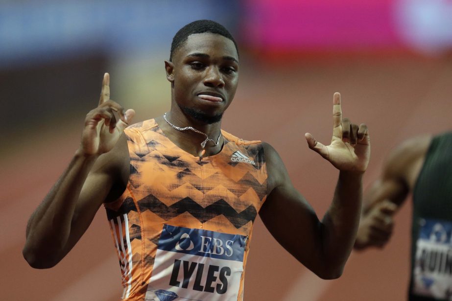 Noah Lyles from the US celebrates after winning the men's 200m race during the IAAF Diamond League Athletics meeting at the Louis II Stadium in Monaco on Friday.