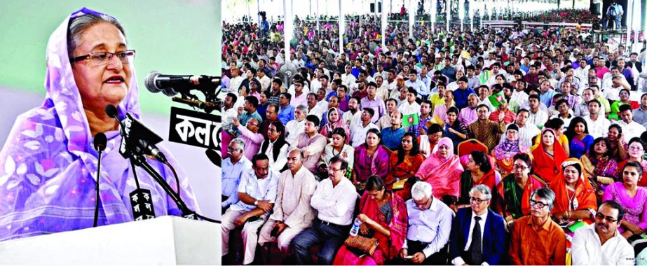 Prime Minister Sheikh Hasina addressing a mass reception rally at Suhrawardy Udyan organized by the Awami League on Saturday.