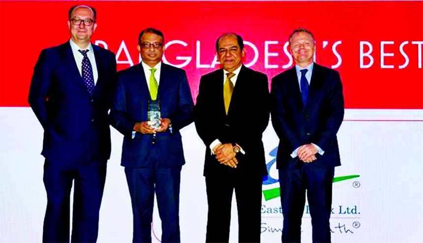 Ali Reza Iftekhar, Managing Director of Eastern Bank Limited (EBL) is seen with the Euromoney's 'Best Bank in Bangladesh 2018' trophy at the ceremony held recently in Hong Kong. Euromoney Editor Clive Horwood (Extreme left) and CEO of EBL Finance (HK)