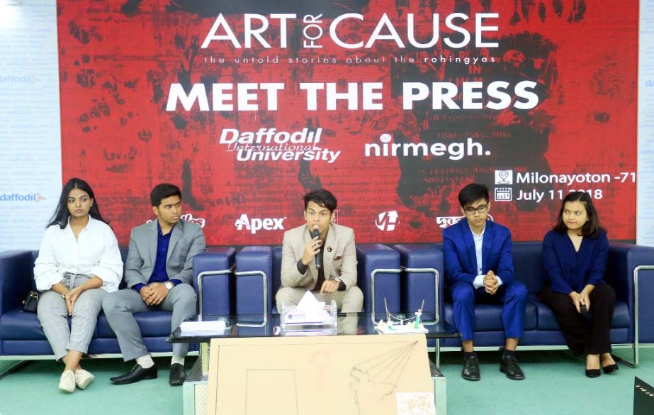 Md. Shadab Naveed, President of Art for Cause and A Level student of Green Herald School, speaks at the 'Meet the Press Program' of a 3-day art exhibition titled 'The untold stories about the Rohingyas' held at 71 Milonayoton of Daffodil International