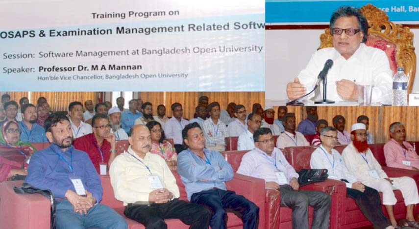 Prof Dr MA Mannan, Vice-Chancellor of Bangladesh Open University, addressing a 2-day training on OSAPS and Examination Management Related Software at the conference hall of its main campus on Monday. Co-ordinator of BABSS and HSC program under Dhaka Regi