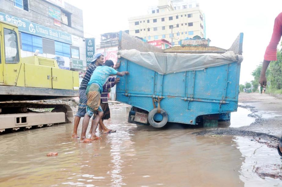 Vehicles movement has been hampered at dilapidated Port- Connecting Road due to water-logging caused by heavy rainfall on Tuesday.