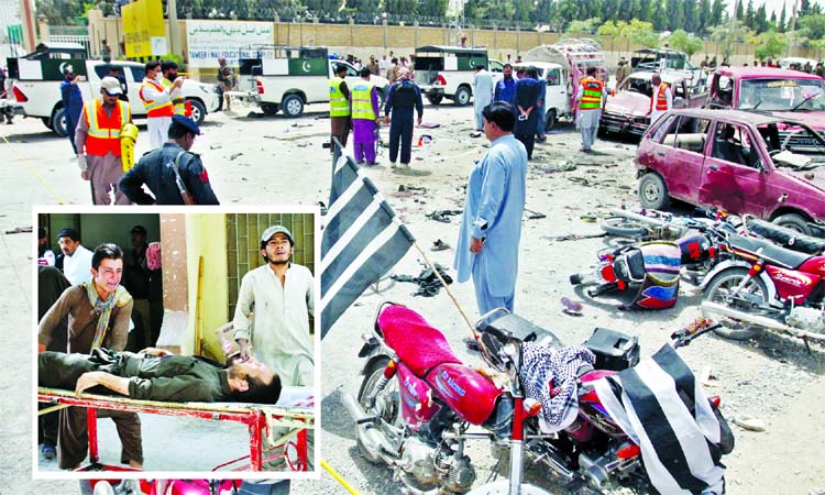 Volunteers and security officers visit the site of a bombing in Quetta and relatives reacts as they carry an injured blast victim (inset) during Pak election on Wednesday.