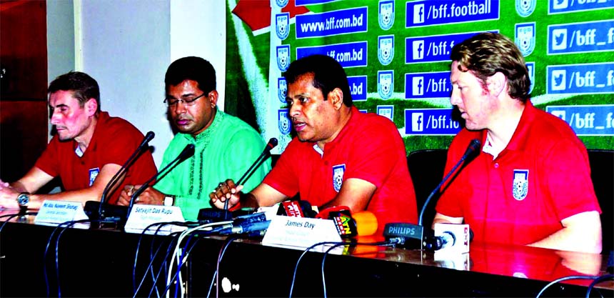 Manager of Bangladesh National Football team Satyajit Das Rupu speaking at a press conference at the conference room in Bangladesh Football Federation House on Friday.