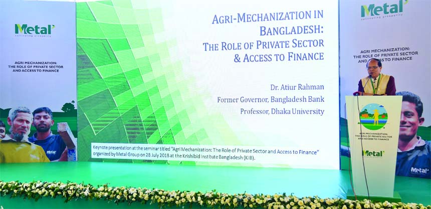 Dr. Atiur Rahman, former governor of Bangladesh Bank, delivering the keynote speech at the seminar titled "Agri Mechanization: The Role of Private Sector and Access to Finance" organized by Metal Group at Krishibid Institution Bangladesh Complex in Kham