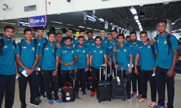 Bangladesh-A Cricket team pose for a photo session at the Hazrat Shahjalal International Airport on Saturday.