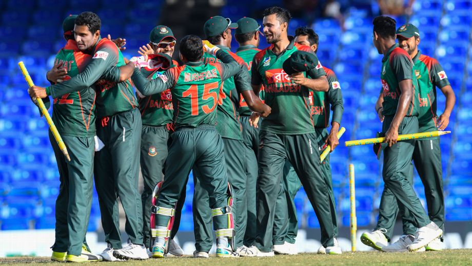 Players of Bangladesh Cricket team celebrate their ODI series victory against West Indies at St. Kitts Island, West Indies on Sunday.
