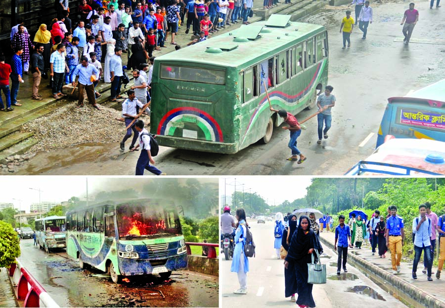 Angry students of Shaheed Ramizuddin Cantonment School and College set fire to many other buses when a Uttara bound bus of Jabal-e-Noor Paribahan ploughed through some of their fellows standing in front of Kurmitola General Hospital in city leaving two de